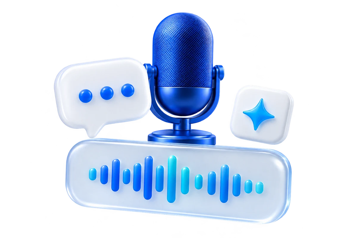 Ilustração 3D de microfone azul com ondas de voz e balões de conversa